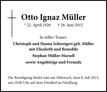 Traueranzeige von Otto Ignaz Müller von Wetterauer Zeitung, Wetterauer Zeitung