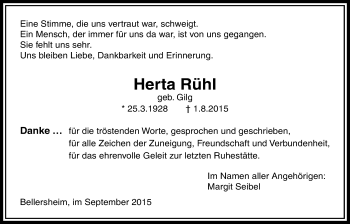 Traueranzeige von Herta Rühl von Licher Wochenblatt, Licher Wochenblatt, Licher Wochenblatt