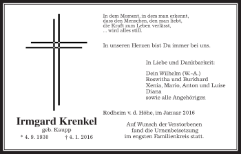 Traueranzeige von Irmgard Krenkel von Wetterauer Zeitung, Wetterauer Zeitung