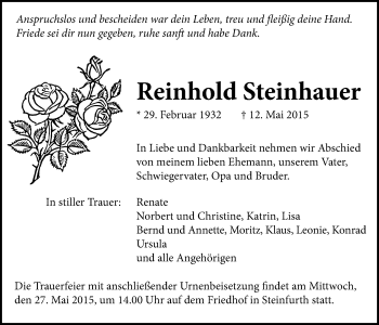 Traueranzeige von Reinhold Steinhauer von Wetterauer Zeitung, Wetterauer Zeitung