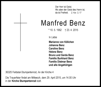 Traueranzeige von Manfred Benz von Alsfelder Allgemeine