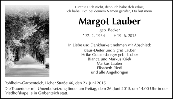 Traueranzeige von Margot Lauber von Gießener Allgemeine, Alsfelder Allgemeine