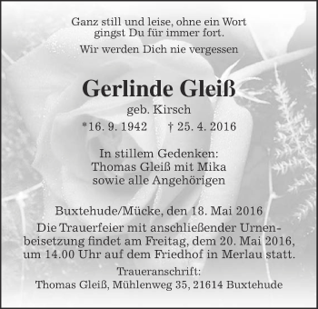 Traueranzeige von Gerlinde Gleiß von Alsfelder Allgemeine