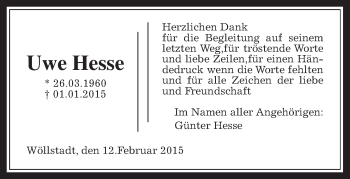 Traueranzeige von Uwe Hesse von Gießener Allgemeine, Alsfelder Allgemeine, Wetterauer Zeitung, Wetterauer Zeitung