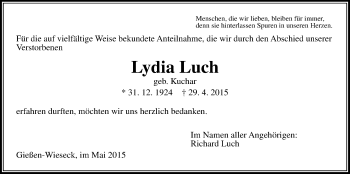 Traueranzeige von Lydia Luch von Gießener Allgemeine, Alsfelder Allgemeine
