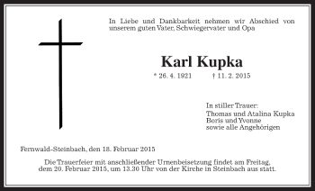 Traueranzeige von Karl Kupka von Gießener Allgemeine, Alsfelder Allgemeine, Gießener Allgemeine, Alsfelder Allgemeine