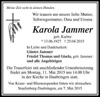 Traueranzeige von Karola Jammer von Gießener Allgemeine, Alsfelder Allgemeine