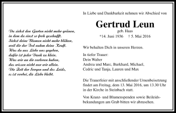 Traueranzeige von Gertrud Leun von Gießener Allgemeine, Alsfelder Allgemeine