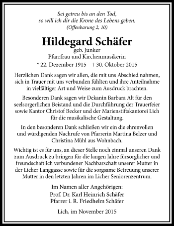 Traueranzeige von Hildegard Schäfer von Licher Wochenblatt, Licher Wochenblatt, Licher Wochenblatt