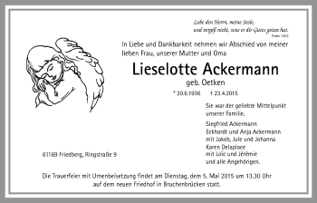 Traueranzeige von Lieselotte Ackermann von Wetterauer Zeitung, Wetterauer Zeitung
