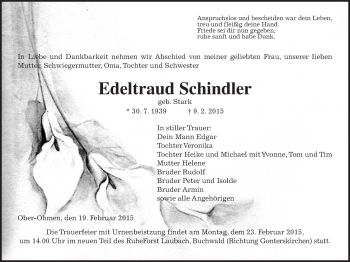 Traueranzeige von Edeltraud Schindler von Mücker Stimme
