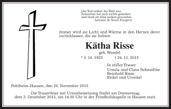 Traueranzeige von Kätha Risse von Gießener Allgemeine, Alsfelder Allgemeine