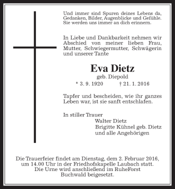 Traueranzeige von Eva Dietz von Gießener Allgemeine, Alsfelder Allgemeine