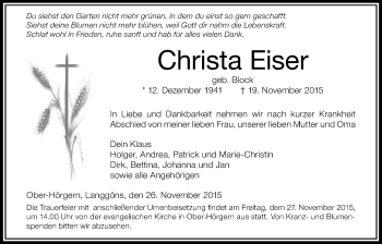 Traueranzeige von Christa Eiser von Licher Wochenblatt, Licher Wochenblatt, Licher Wochenblatt