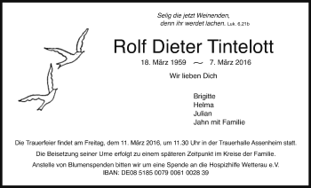 Traueranzeige von Rolf Dieter Tintelott von Wetterauer Zeitung, Wetterauer Zeitung