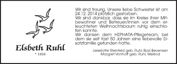 Traueranzeige von Elsbeth Ruhl von Alsfelder Allgemeine