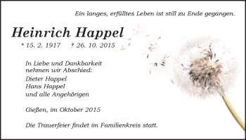 Traueranzeige von Heinrich Happel von Gießener Allgemeine, Alsfelder Allgemeine