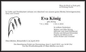 Traueranzeige von Eva König von Wetterauer Zeitung, Wetterauer Zeitung