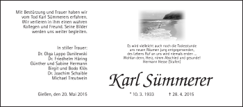 Traueranzeige von Karl Sümmerer von Gießener Allgemeine, Alsfelder Allgemeine, Wetterauer Zeitung, Wetterauer Zeitung