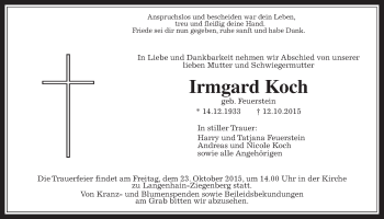 Traueranzeige von Irmgard Koch von Wetterauer Zeitung, Wetterauer Zeitung