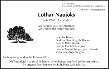 Traueranzeige von Lothar Naujoks von Gießener Allgemeine, Alsfelder Allgemeine