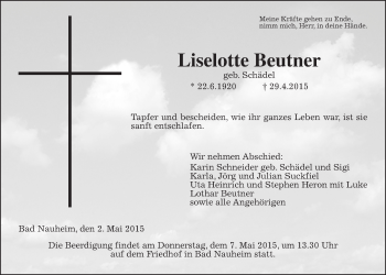 Traueranzeige von Liselotte Beutner von Wetterauer Zeitung, Wetterauer Zeitung