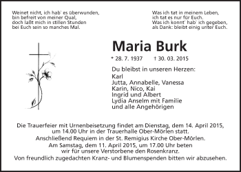Traueranzeige von Maria Burk von Wetterauer Zeitung, Wetterauer Zeitung