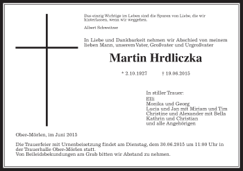 Traueranzeige von Martin Hrdliczka von Wetterauer Zeitung, Wetterauer Zeitung