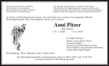 Traueranzeige von Anni Pitzer von Gießener Allgemeine, Alsfelder Allgemeine