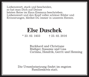 Traueranzeige von Else Duschek von Wetterauer Zeitung, Wetterauer Zeitung