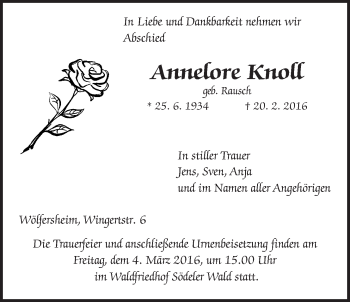 Traueranzeige von Annelore Knoll von Wetterauer Zeitung, Wetterauer Zeitung