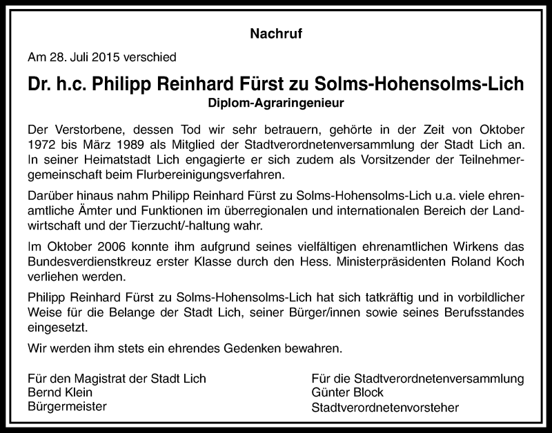  Traueranzeige für Philipp Reinhard Fürst zu Solms-Hohensolms-Lich vom 13.08.2015 aus Licher Wochenblatt, Licher Wochenblatt, Licher Wochenblatt