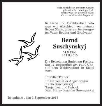 Traueranzeige von Bernd Suschynskyj von Wetterauer Zeitung, Wetterauer Zeitung