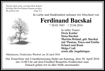 Traueranzeige von Ferdinand Bacskai von Gießener Allgemeine, Alsfelder Allgemeine
