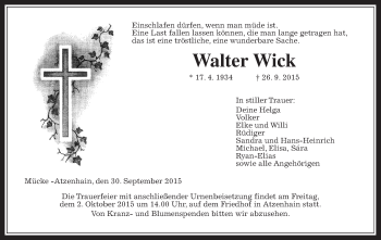Traueranzeige von Walter Wick von Gießener Allgemeine, Alsfelder Allgemeine