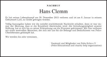 Traueranzeige von Hans Clemm von Gießener Allgemeine, Alsfelder Allgemeine, Wetterauer Zeitung, Wetterauer Zeitung