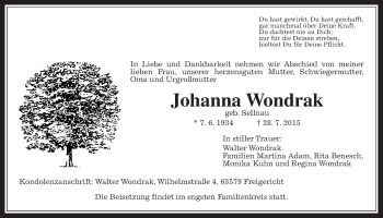 Traueranzeige von Johanna Wondrak von Wetterauer Zeitung, Wetterauer Zeitung