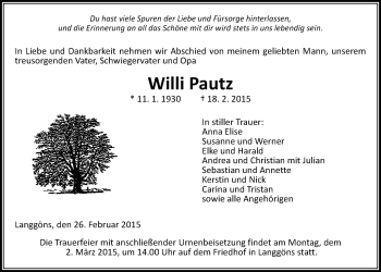 Traueranzeige von Willi Pautz von Gießener Allgemeine, Alsfelder Allgemeine