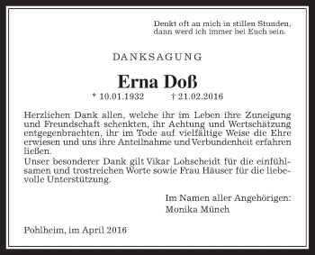 Traueranzeige von Erna Doß von Pohlheimer Nachrichten