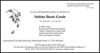 Traueranzeige von Sabine Beate Gauls von Wetterauer Zeitung, Wetterauer Zeitung