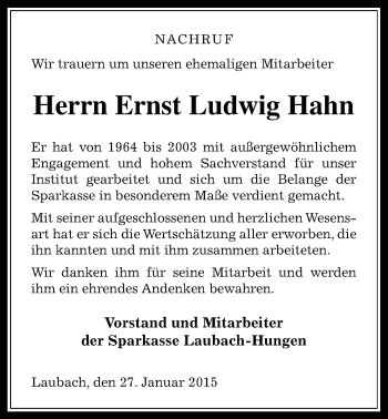 Traueranzeige von Ernst Ludwig Hahn von Giessener Allgemeine, Alsfelder Allgemeine