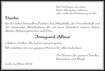 Traueranzeige von Irmgard Albus von Licher Wochenblatt, Licher Wochenblatt, Licher Wochenblatt