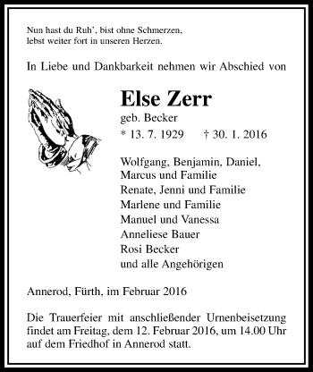 Traueranzeige von Else Zerr von Gießener Allgemeine, Alsfelder Allgemeine