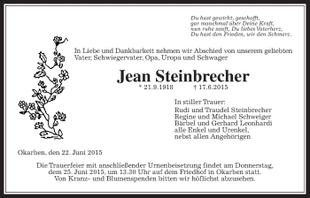 Traueranzeige von Jean Steinbrecher von Wetterauer Zeitung, Wetterauer Zeitung