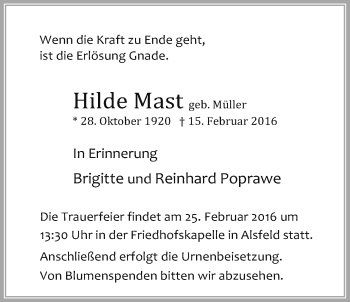 Traueranzeige von Hilde Mast von Alsfelder Allgemeine