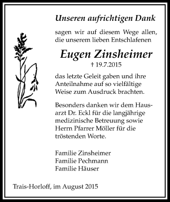 Traueranzeige von Eugen Zinsheimer von Licher Wochenblatt, Licher Wochenblatt, Licher Wochenblatt