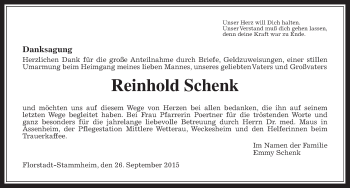 Traueranzeige von Reinhold Schenk von Wetterauer Zeitung, Wetterauer Zeitung