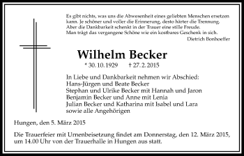 Traueranzeige von Wilhelm Becker von Gießener Allgemeine, Alsfelder Allgemeine