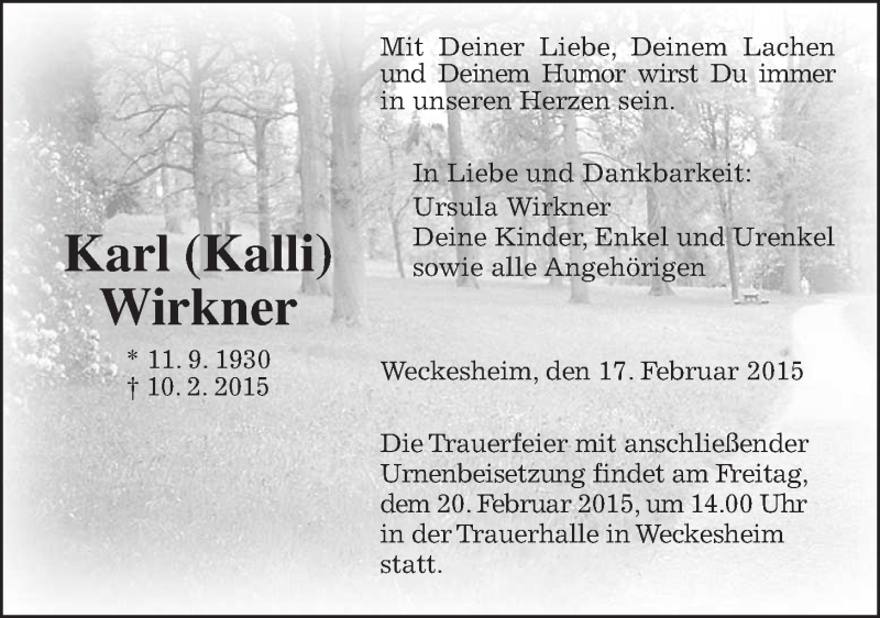  Traueranzeige für Karl (Kalli) Wirkner vom 17.02.2015 aus Wetterauer Zeitung, Wetterauer Zeitung