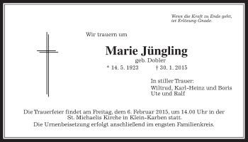 Traueranzeige von Marie Jüngling von Wetterauer Zeitung